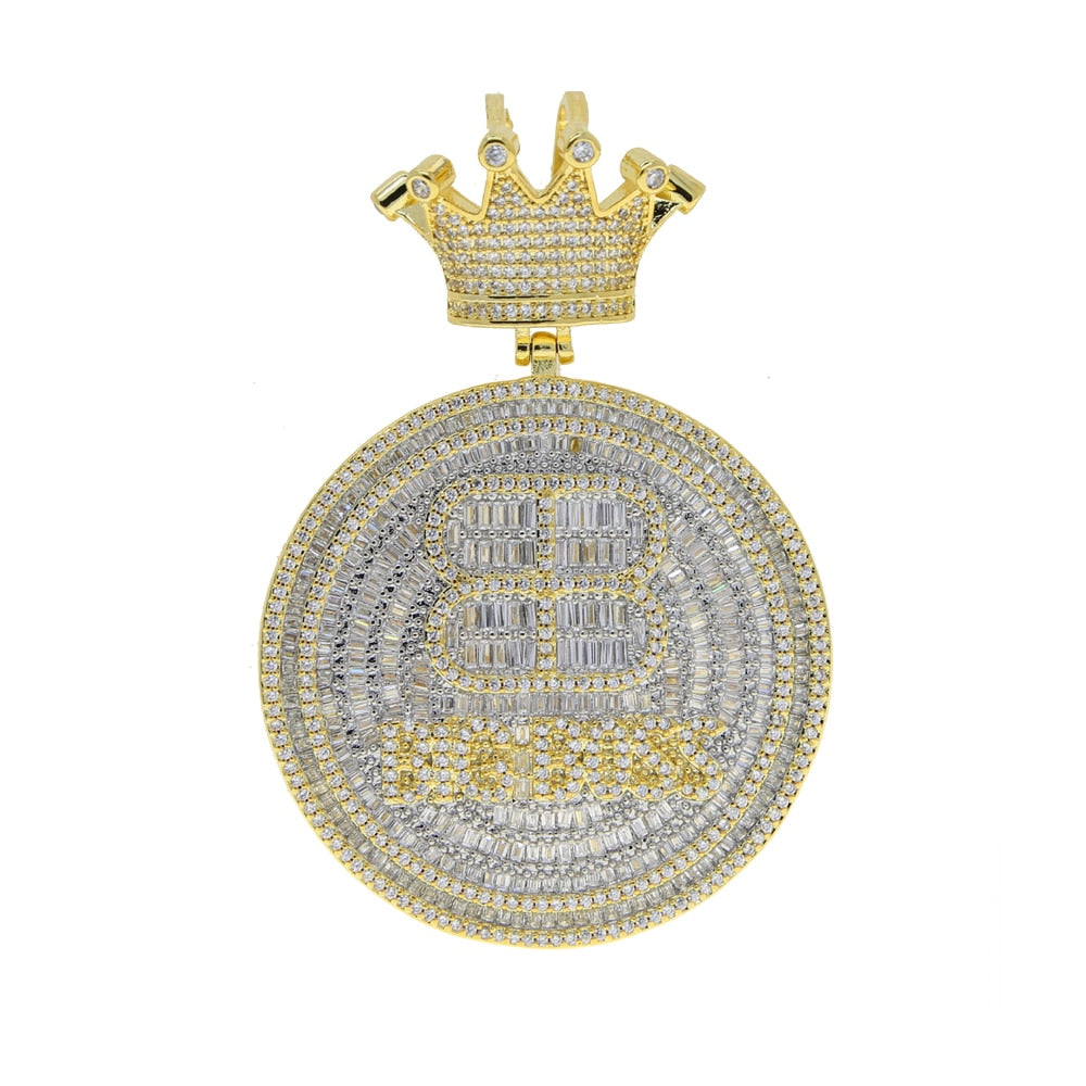 Bling CZ Crown Round Letter Big Boss Pendant Necklace Cubic Zirconia Bitcoin Charm Men Women Fashion Hip Hop Jewelry