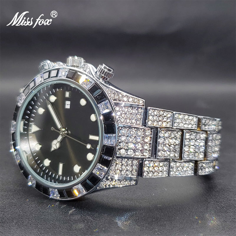 Men Watch MISSFOX Fashion Brand Luxury Classic Design Black Diamond Iced Out Watches For Male Auto Calendar Clock Dropshipping