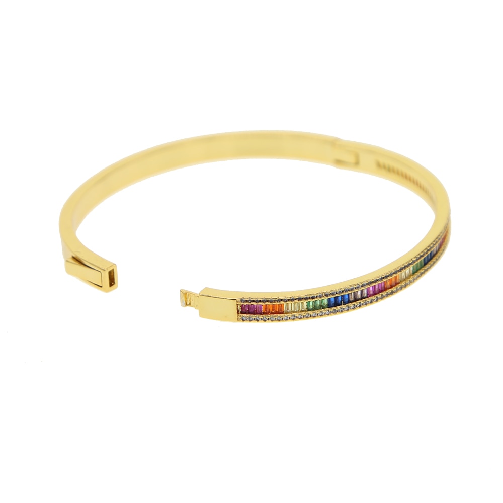 Iced Out Bling Fine Delicate Bracelet Gold Color Rainbow Gradual Bar Baguette CZ Spectacular Open Cuff Bangle Women Jewelry