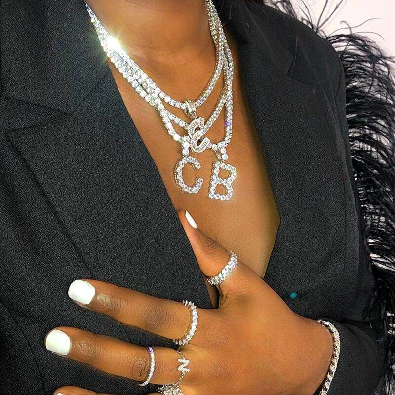 New Women Men Rock Hip Hop Iced Jewelry CZ Alphabet Pendant Choker AAA CZ Name CZ Tennis Chain Initial Necklace