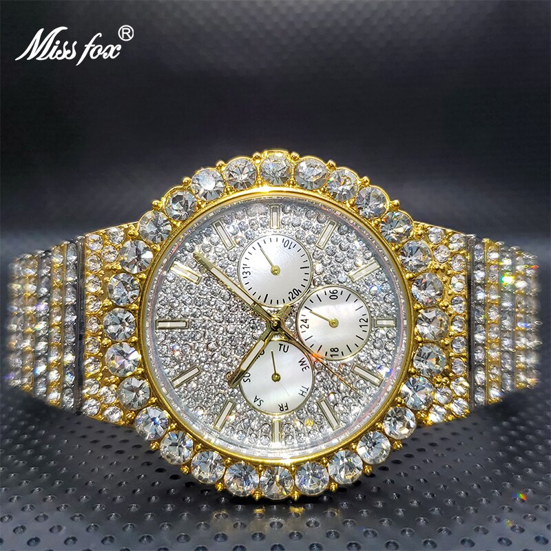 MISSFOX Ice Out Silver Color Diamond Watch Brand Famous Chronograph Luxury Watches For Men High Quality Geneva Wholesale Items