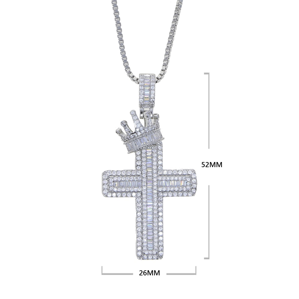 Hip Hop Rock Crown Cross Pendant Necklace CZ Stone Paved Bling Cross Necklaces for Men Men Rapper Jewelry Punk