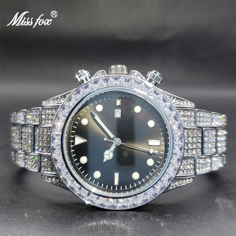 MISSFOX Watch For Men Classic AAA Iced Diamond Watches With Green Baguette Bezel Luminous Waterproof Clock Luxury Gifts For Men