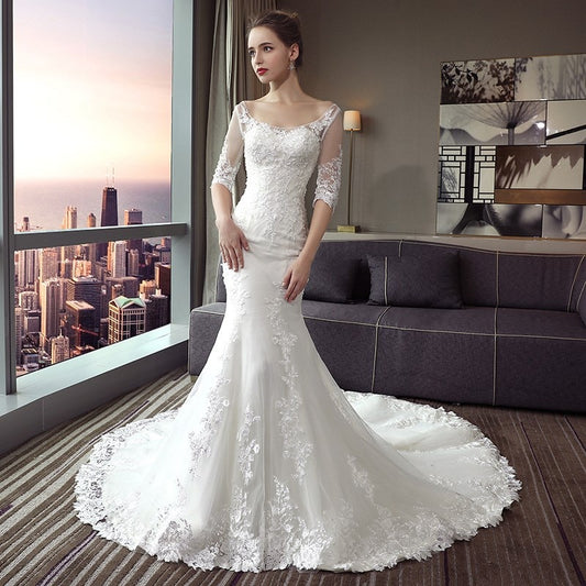 Mermaid Wedding Dress Half Sleeve O-neck Court Train Lace Up