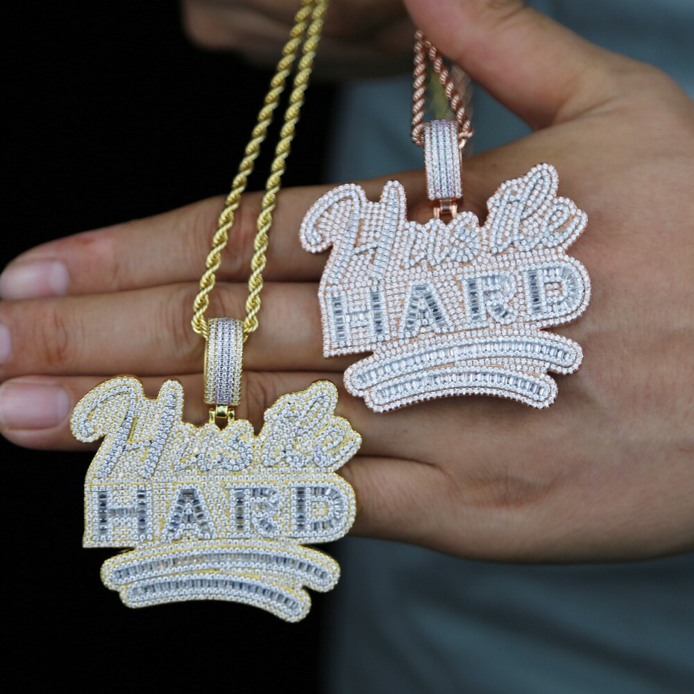 Bling Letters Hustle Hard Pendant Necklace CZ Zircon Two Tone Color Letter Charm Necklaces Men&#39;s Women Hip Hop Jewelry