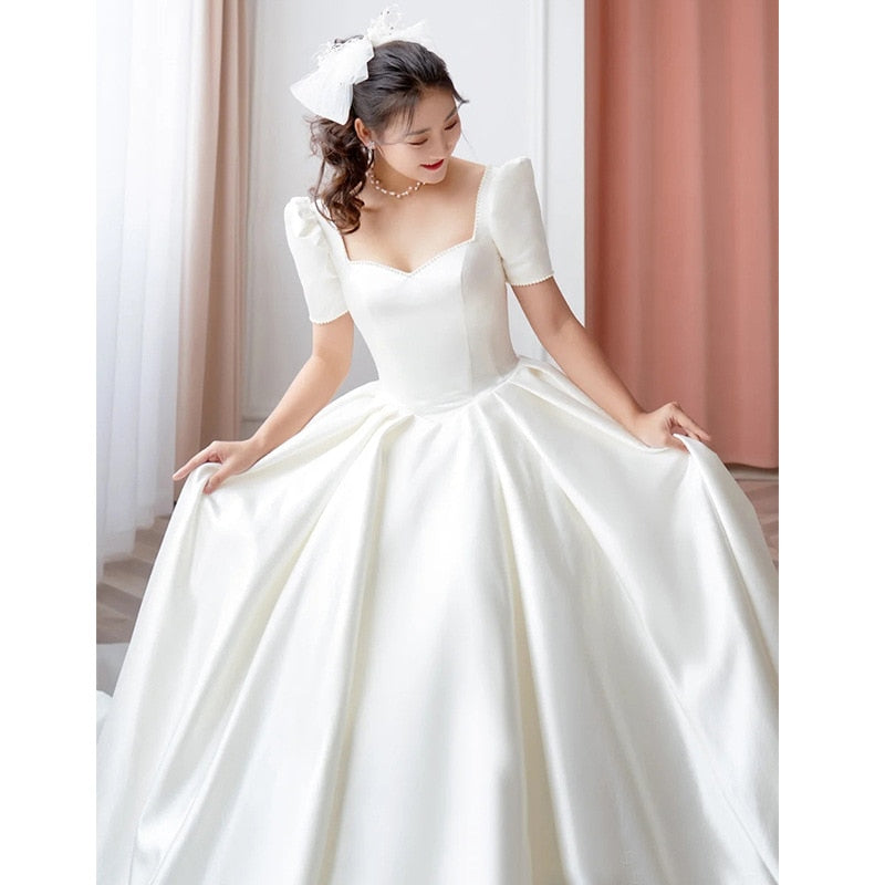 Luxury Satin Wedding Dress Pure White With Train Simple Bridal Ball Gown Custom Made