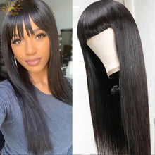 Load image into Gallery viewer, 28Inch Straight Human Hair Wigs With Bangs PrePlucked Full Machine Made Wigs Brazilian Remy Hair Wig Natural Color 150% Denisty
