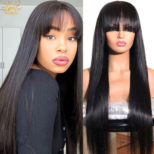 28Inch Straight Human Hair Wigs With Bangs PrePlucked Full Machine Made Wigs Brazilian Remy Hair Wig Natural Color 150% Denisty