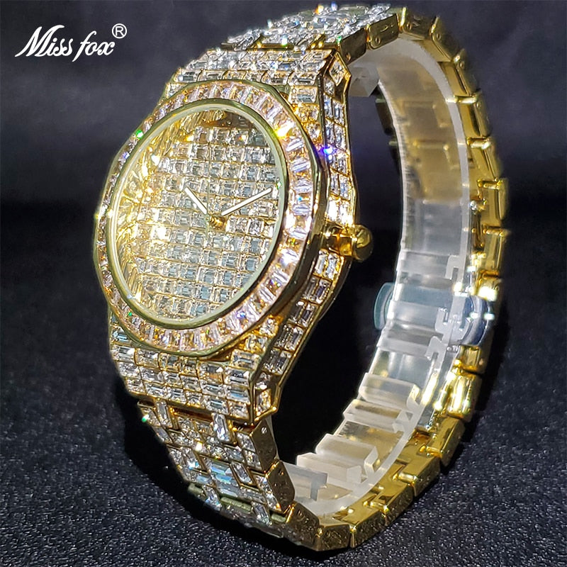 Montre Homme Luxe MISSFOX Luxury Baguette Designer Men&amp;#39;s Watch With Wide Strap Royal Diamond Dropshipping Hand Clock For Men