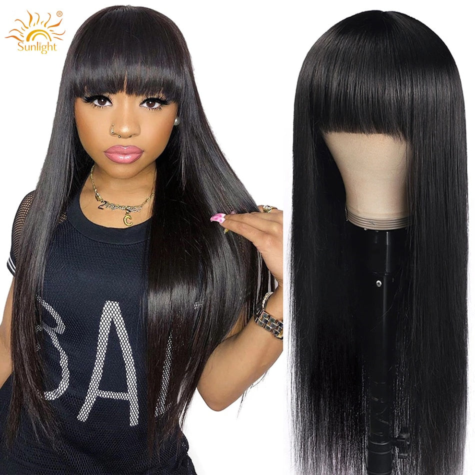 Straight Wig with Bang In Front Human Hair Wigs with Bangs Full Machine Made 30 Inch Brazilian Remy Hair No Lace No Glue