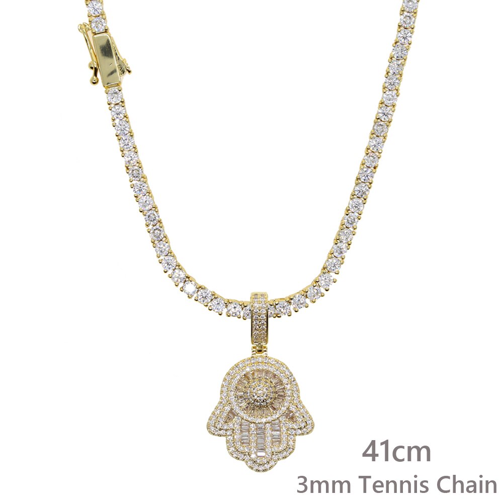 Eyes Of The Angel Of Fatima Pendant Necklace 3mm Tennis Chain Hip Hop Full Iced Out Cubic Zirconia Sliver Color CZ Stone Choker