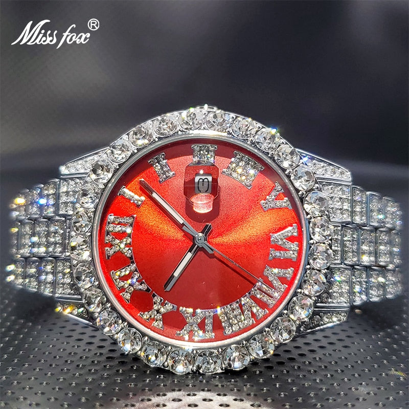 MISSFOX Men Watch Luxury Brand 18k Gold Royal Blue Dial Super Bling Bling Diamond Business Calendar Quartz Watches Wholesale