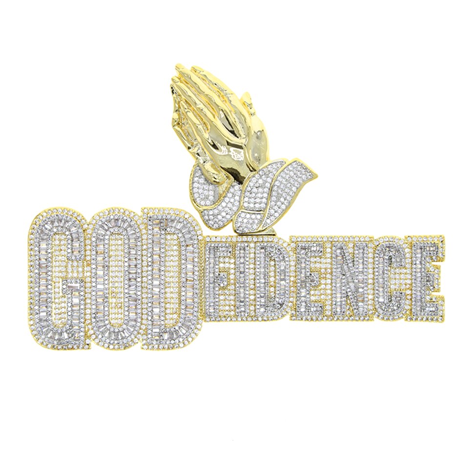New Bling Cubic Zirconia Iced Out Praying Hands Pendants Necklaces CZ Letter GOD FIDENCE Charm For Men Women Hip Hop Jewelry