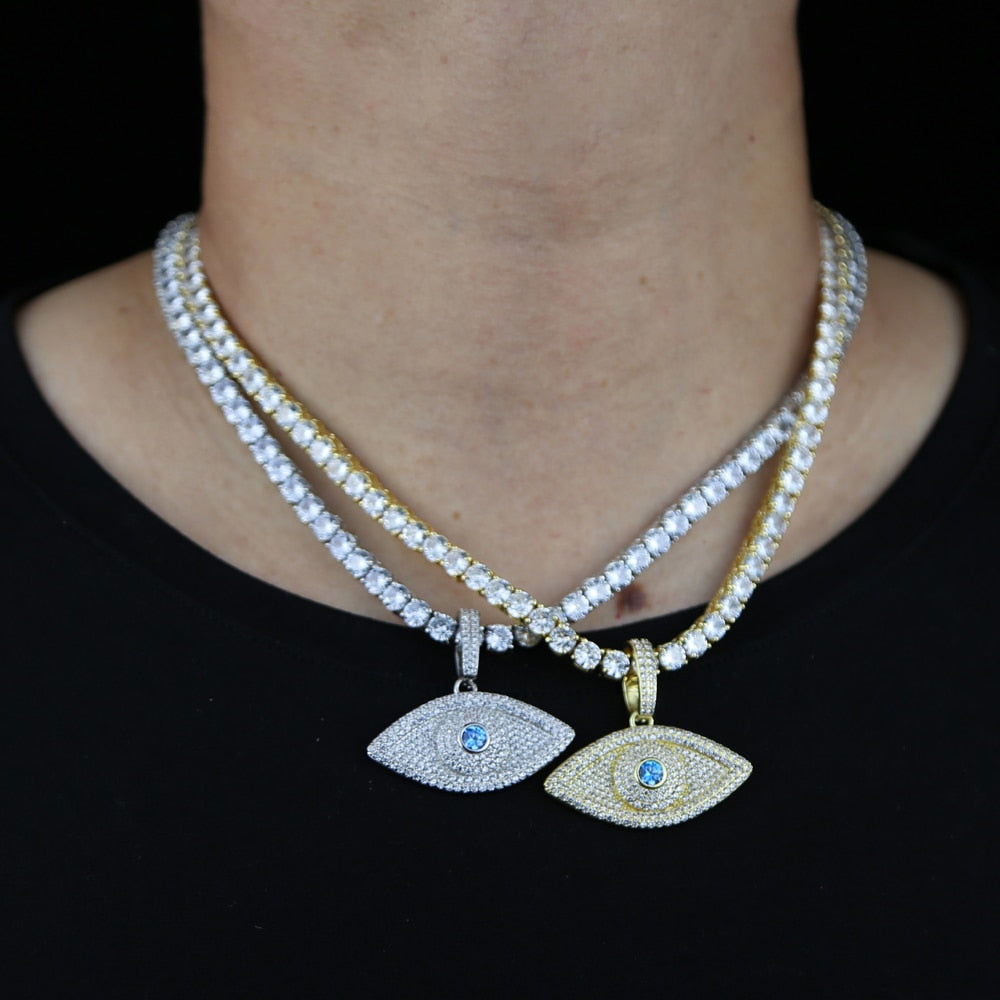 Bling Lucky Eye Pendant Necklace With 5mm cz Tennis Chain Gold Silver color Zircon Eye Choker Women Men Hip hop Jewelry