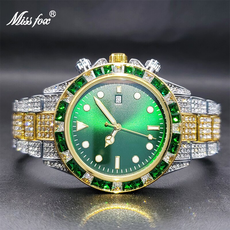 Men Watch MISSFOX Fashion Brand Luxury Classic Design Black Diamond Iced Out Watches For Male Auto Calendar Clock Dropshipping