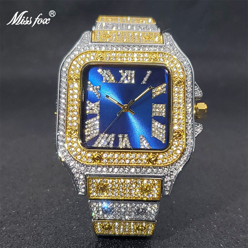 MISSFOX Gold Watch Men Fashion Luxury Design Royal  Blue Dial Couple Square Watches Hip Hop High Quality Timepieces Dropshipping