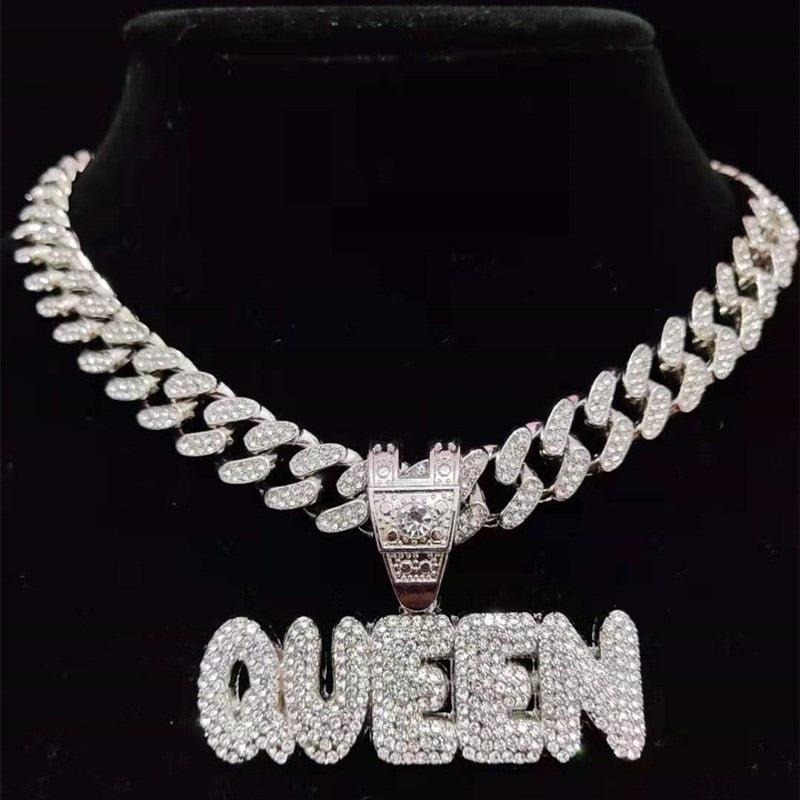 Hip Hop Full Rhinestone KING QUEEN Pendant Necklace