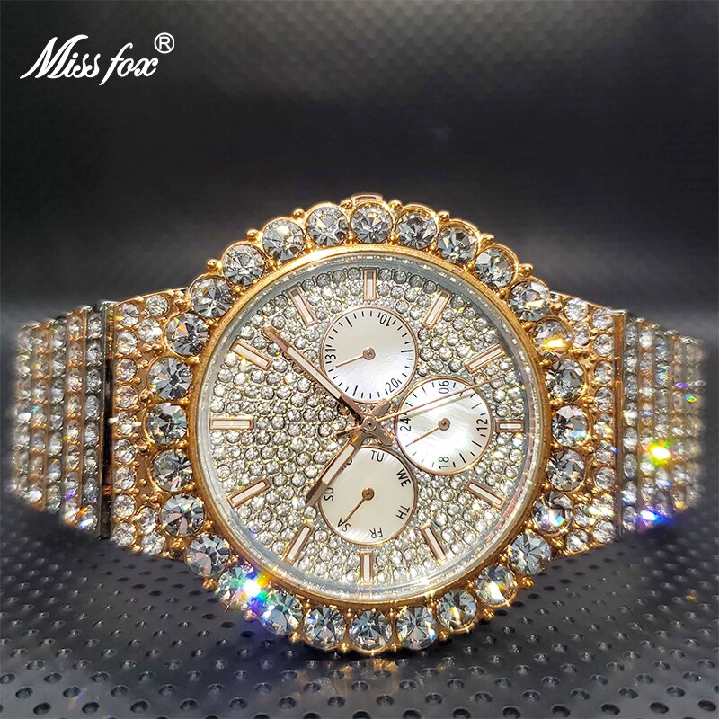 MISSFOX Ice Out Silver Color Diamond Watch Brand Famous Chronograph Luxury Watches For Men High Quality Geneva Wholesale Items
