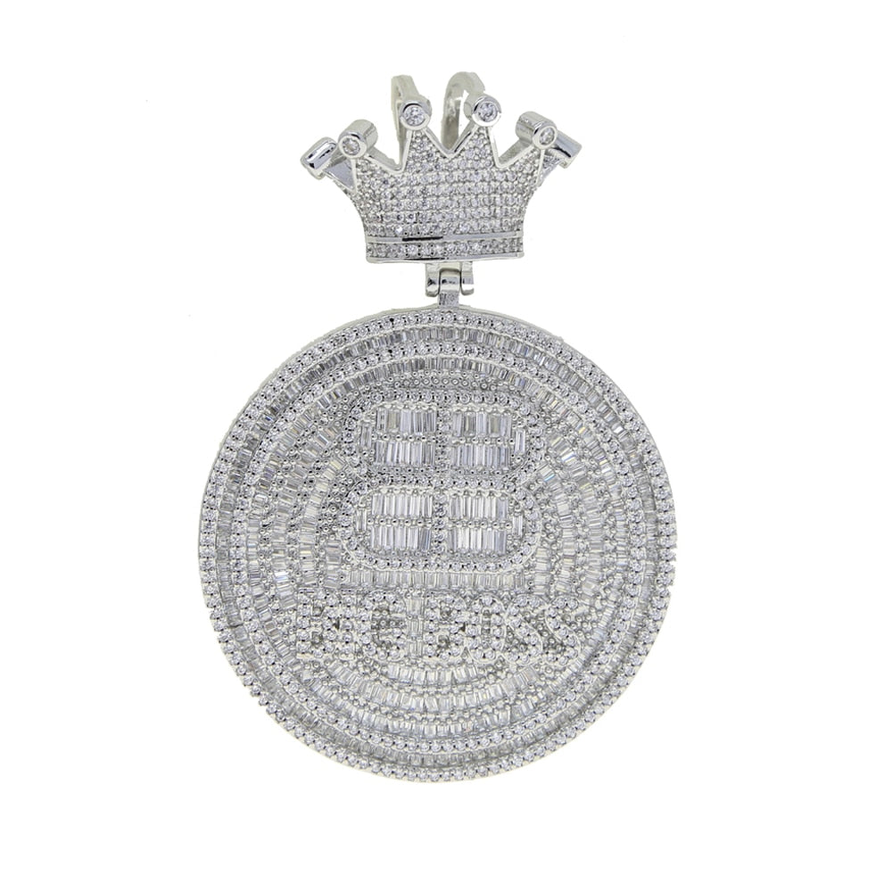 Bling CZ Crown Round Letter Big Boss Pendant Necklace Cubic Zirconia Bitcoin Charm Men Women Fashion Hip Hop Jewelry