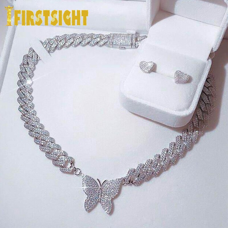 12mm Bling cz Miami Cuban Link Chain Butterfly Necklace choker 2 Row 5A CZ  Bling Bling necklace women Hip Hop jewelry