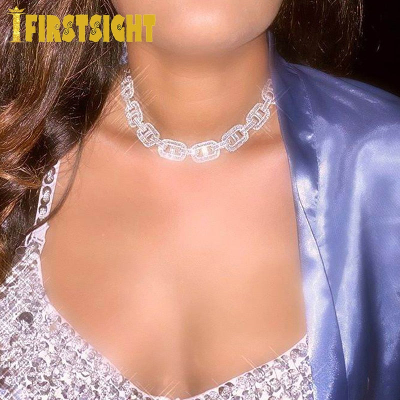 15MM Silver Color Cuban Link Chain Necklace Bling Cubic Zirconia Lock Pin CZ Choker Necklaces Hip Hop For Women Jewelry