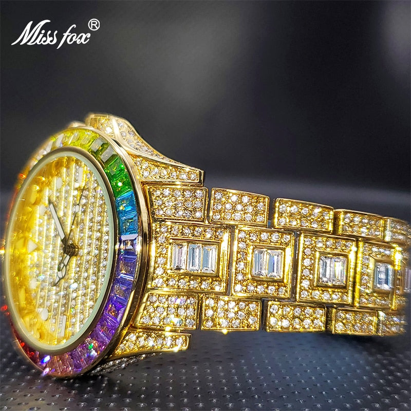 18K Gold Montre Homme Luxe Rainbow Diamond Fashion Man Watch Luminous Calendar Ice Out Quartz Wristwatch Froze Droshipping