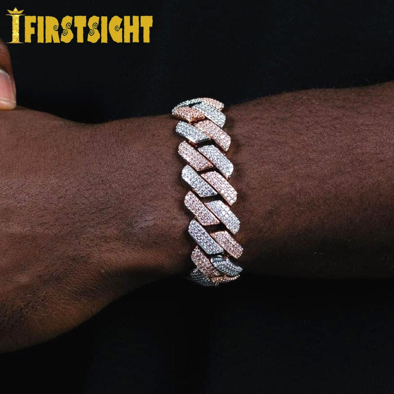 19mm Two Tone Cuban Link Bracelet Micro Pave AAA Cubic Zircon Chain Bracelet 3 Row Iced Out Bling Charm Hip Hop Men Jewelry