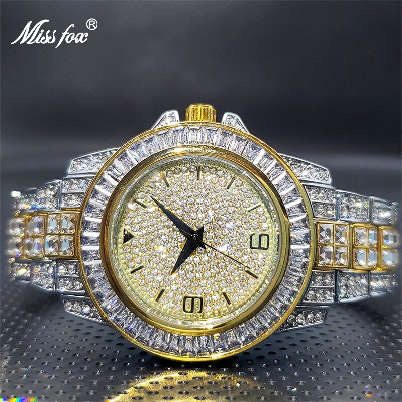 MISSFOX Men Watch Luxury Brand Gold Full Diamond Street Hip Hop Style Quartz Watches Accessories Droshipping Rlógios Masculino