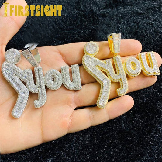 Iced Out Bling Full CZ Zircon Letter F You Pendant Necklace Silver Color Vertical Middle Finge Charm Men Fashion Hiphop Jewelry