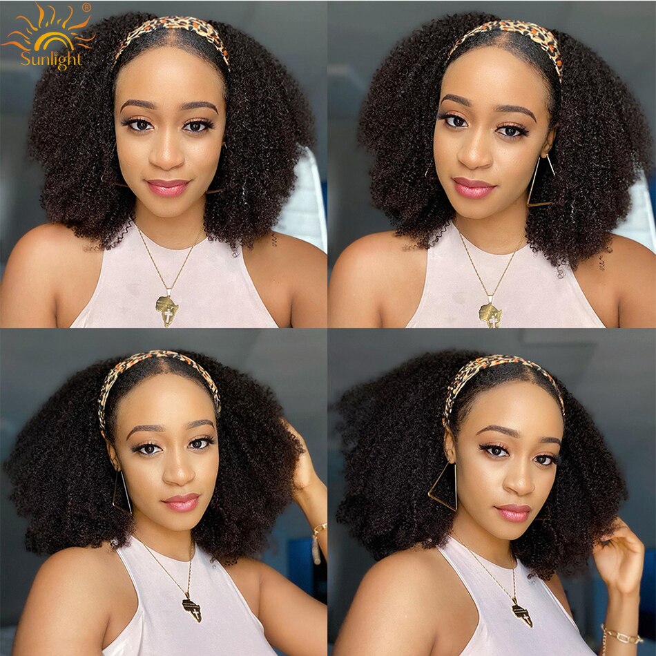 Afro Kinky Curly Human Hair Headband Wig Mongolian150% Density Full Machine Made Scarf  Wigs Easy to Install Wig For Black Women