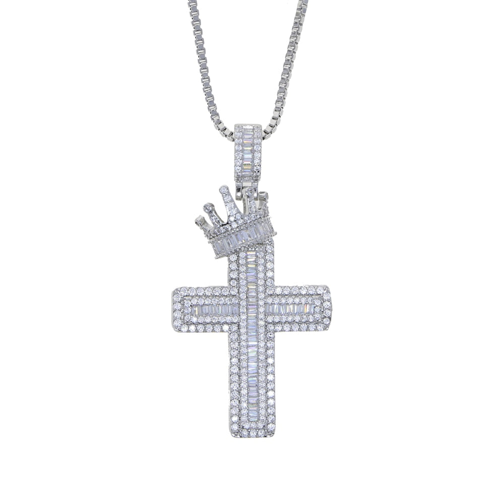 Gold Silver CZ Crown Cross Pendant Necklace For Women Hip Hop Party Jewelry Bling Cubic Zirconia Cross Charm Choker