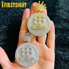 Load image into Gallery viewer, Bling CZ Crown Round Letter Big Boss Pendant Necklace Cubic Zirconia Bitcoin Charm Men Women Fashion Hip Hop Jewelry
