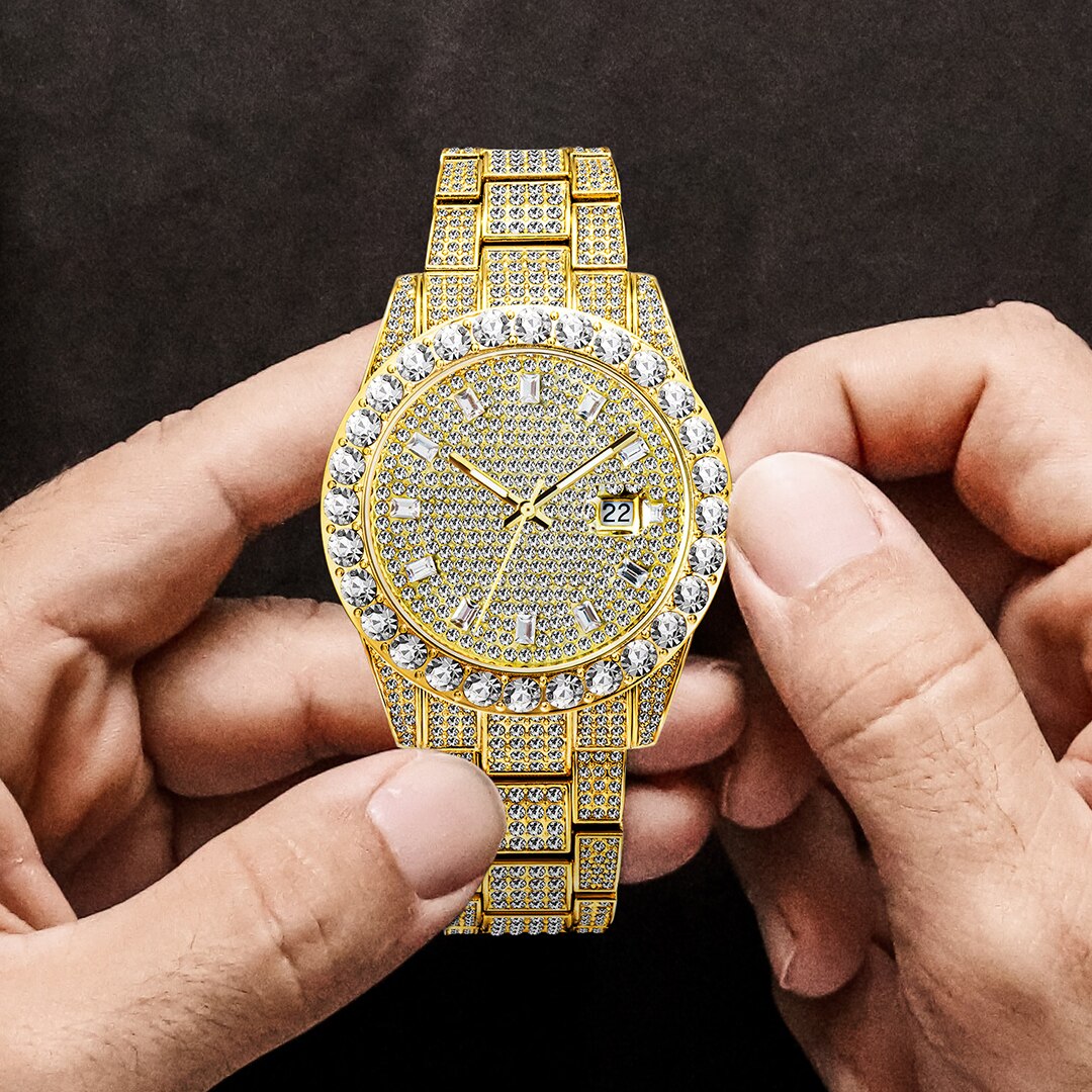 MISSFOX Men&#39;s Watches 18K Gold Full Diamond Luxury Quartz Watch For Man Waterproof Hip Hop Wristwatch Party Jewelly Dropshipping