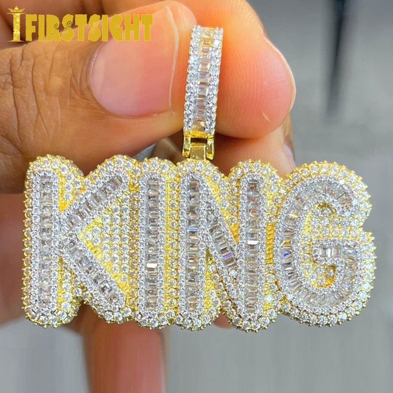 New Iced Out Bling Letters KING Pendant Necklaces Two Tone Gold Color 5A Zircon The King Charm Necklaces Men&#39;s Hip Hop Jewelry