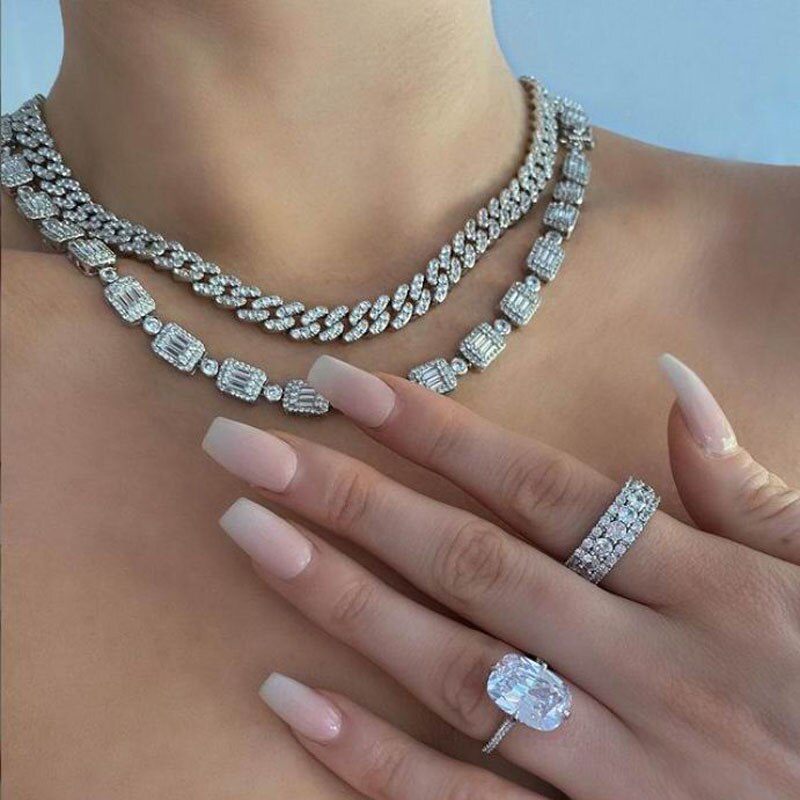New Baguette CZ Square Cluster Tennis Chain Necklace Iced Bling 8MM Silver Color Chain Choker Women Jewelry Cluster Necklace