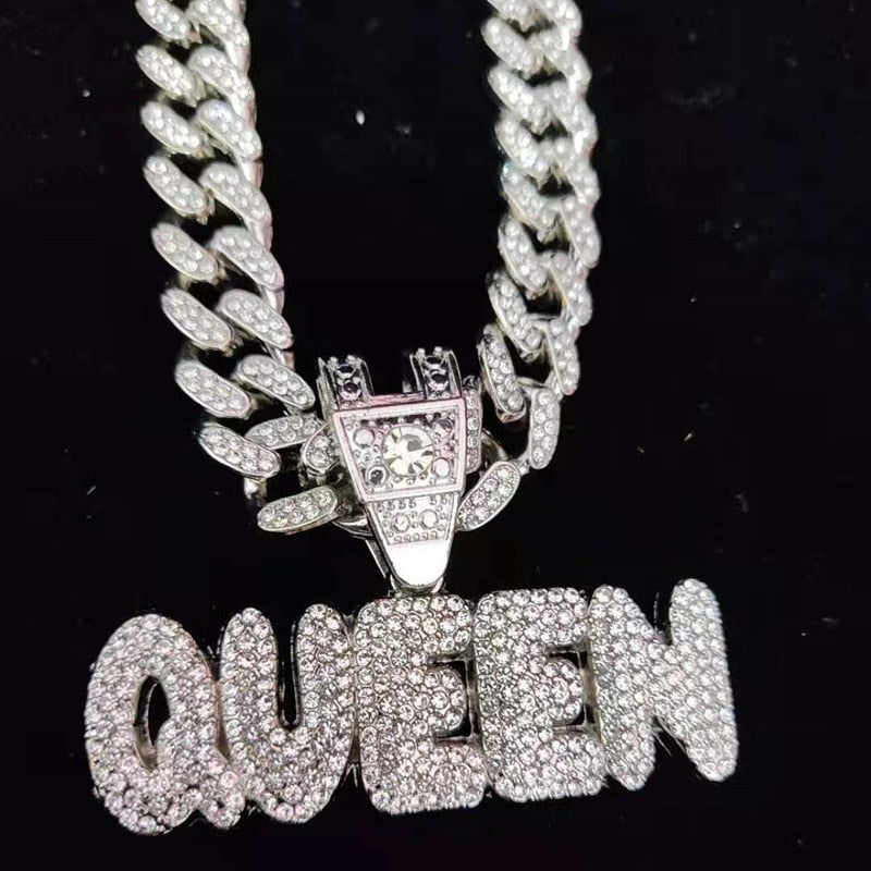 Hip Hop Full Rhinestone KING QUEEN Pendant Necklace