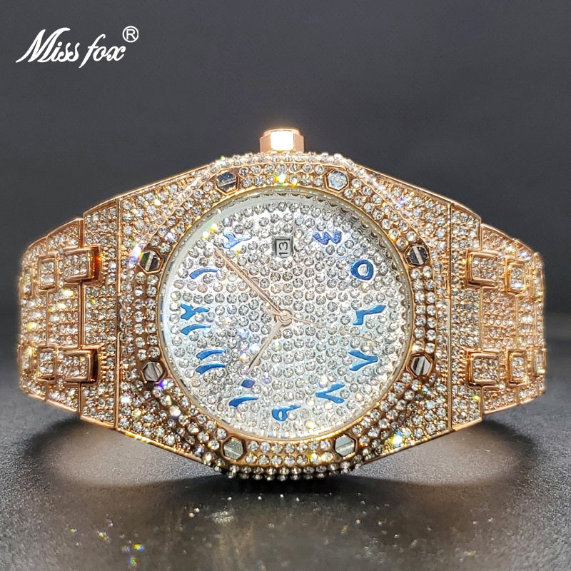Luxury Gold Men's Watches Classic Hip Hop Iced Out Drop Quartz Watch With Octagon Dial Full Cuban Zircon Band Waterproof Clock