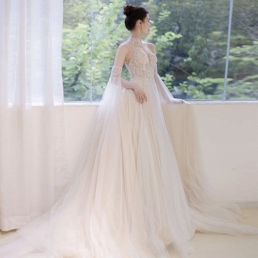 Wedding Dress French Style With Detachable Cap Luxury Embroidery Zipper With Buttones