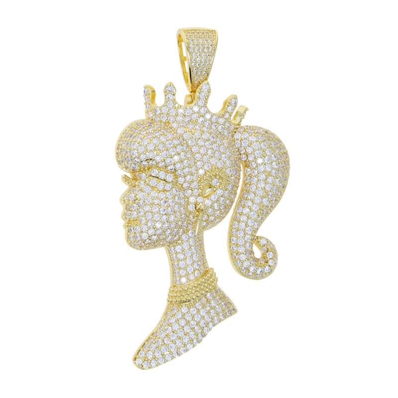 Bling Girl Head Pendant Necklace Full CZ Cubic Zirconia Crown Queen Charm Fashion Women Hiphop Jewelry