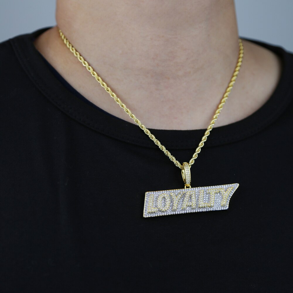 Iced Out Bling Letters Loyalty Pendant Necklace Gold Silver Color 5A Zircon Letter Charm Necklaces Men&#39;s Women Hip Hop Jewelry