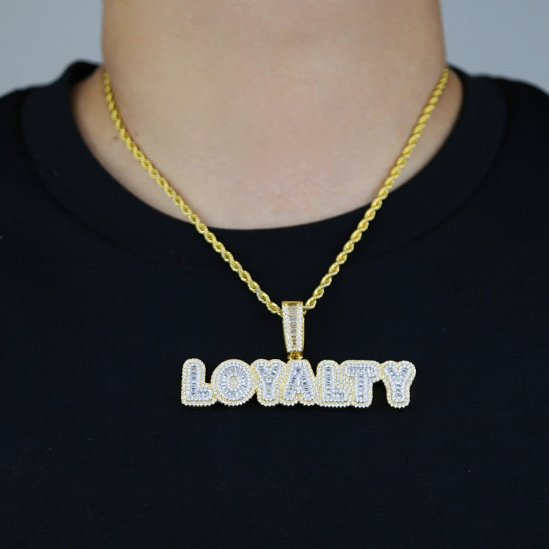 Bling Baguette CZ Letters Loyalty Pendant Necklace 5A Zircon Letter Charm Necklaces Men&#39;s Women Hip Hop Jewelry