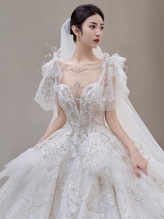 Luxury Wedding Dress Lace Embroidery Backless Sweep Train Custom Made