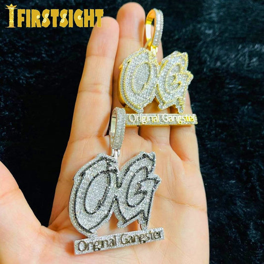 Iced Out Bling Two Tone Color CZ Letter Original Gangster Pendant Necklace Black Cubic Zirconia OG Charm Men Hip Hop Jewelry