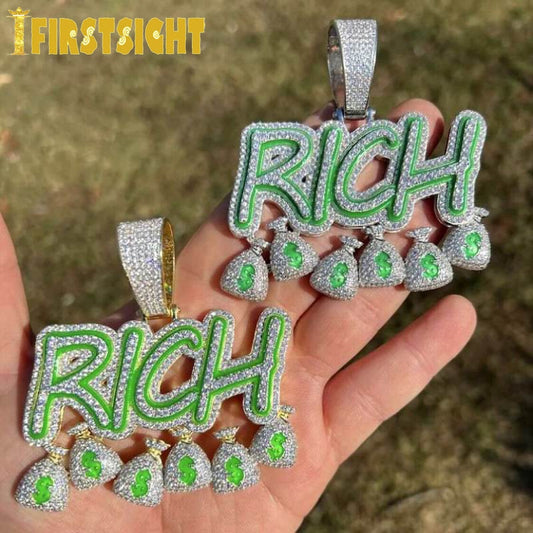 New Iced Out Bling CZ Letter Rich Pendant Necklace Zircon Dollar Sign Fluorescenc Money Bag Charm Necklaces Men Hip Hop Jewelry