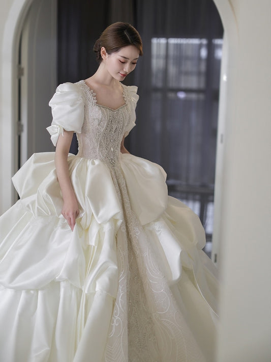 Puff Sleeve Princess Wedding Dress Sweep Train Beading Bridal Gown