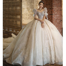 Load image into Gallery viewer, Luxury Beading Lace Wedding Dress 2023 V Neck Puff Sleeve Princess Wedding Gown With Big Sweep Train Plus Size Wedding Dress

