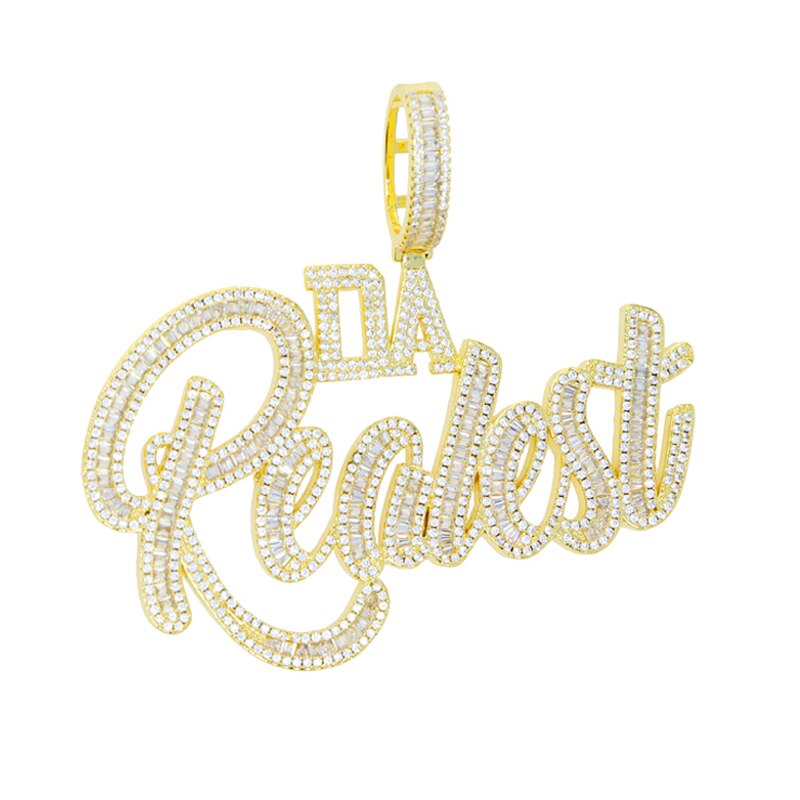 Bling Hip Hop Da Realest Pendant Necklace Baguette CZ Cubic Zirconia Cursive Letters Charm Men Women Fashion Jewelry