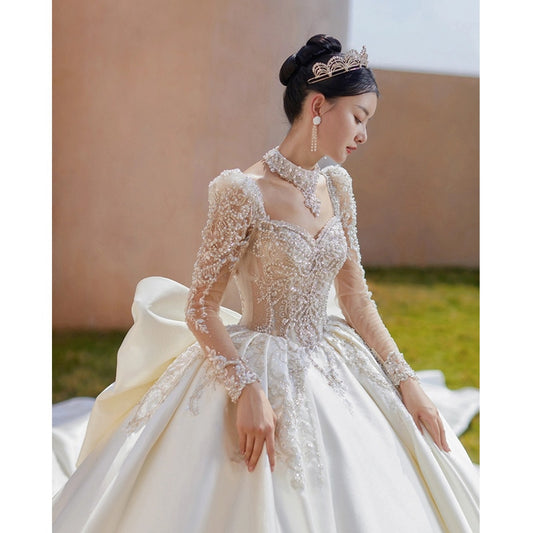 Luxury Bride Dress Pearl Satin Backless Strap With Large Bow Floor-length And Trailing