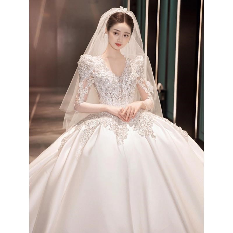 Satin Wedding Dresses Full Sleeve V-neck Sweep Train Lace Up Ball Gown