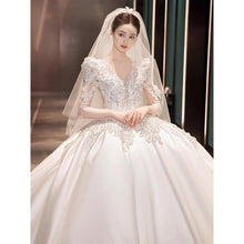 Load image into Gallery viewer, Satin Wedding Dresses Full Sleeve V-neck Sweep Train Lace Up Ball Gown
